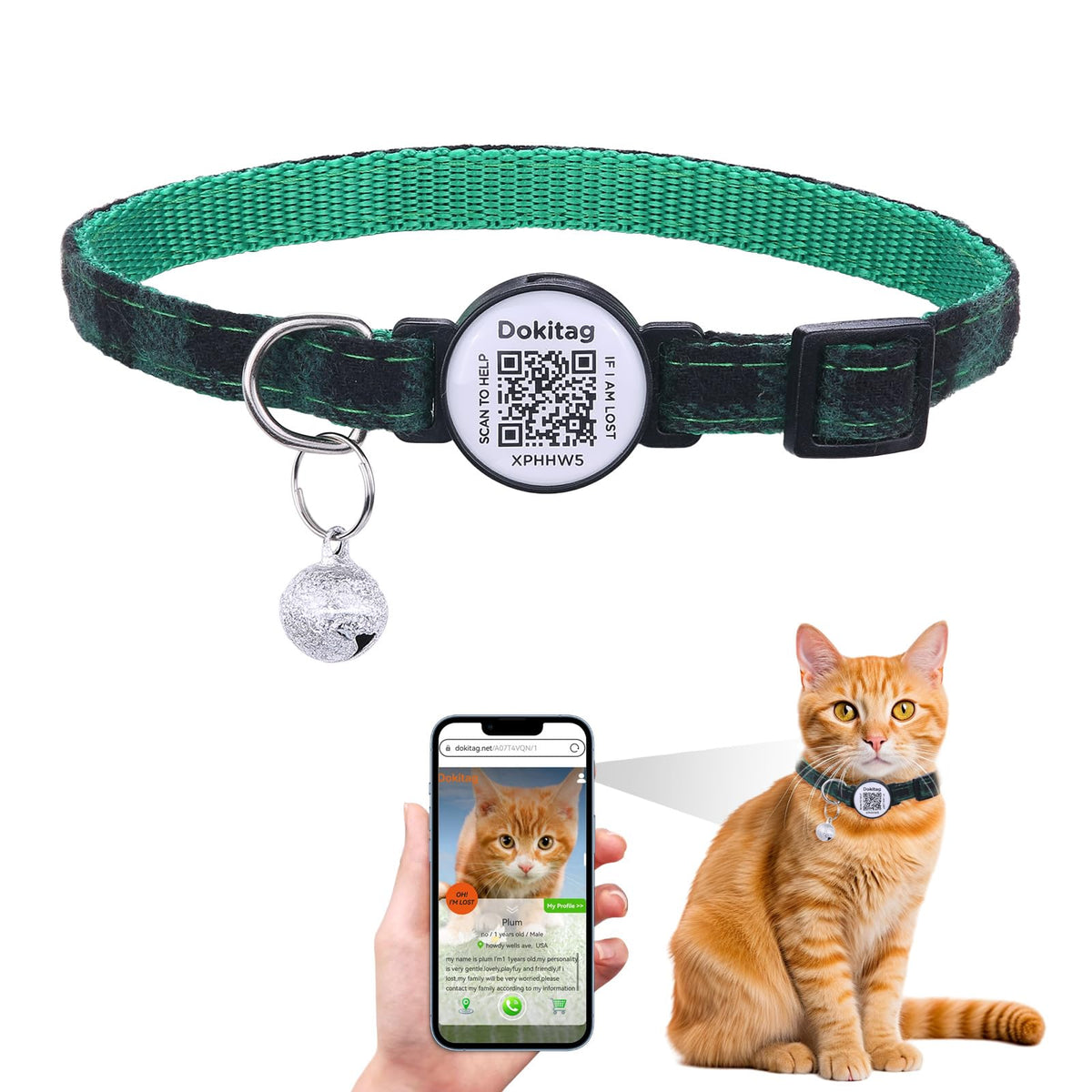 Cat Collar with QR Pet ID Tag Breakaway - with Bell