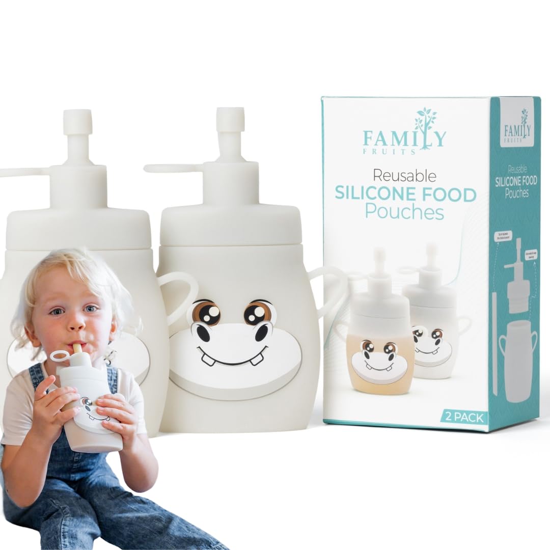 BPA Free Silicone Reusable Pouches for Toddlers 2 Pack - Hippos