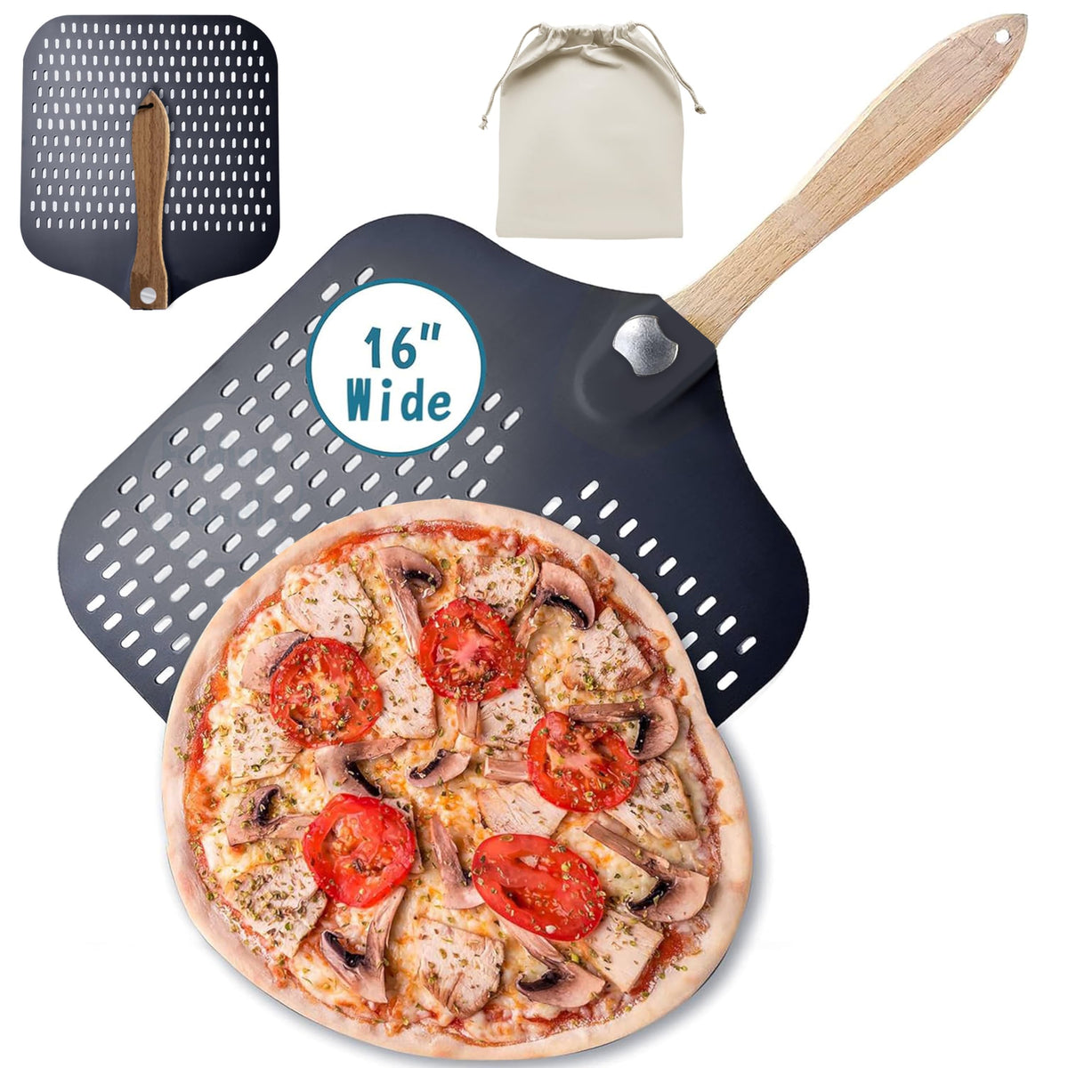 Colenza Pizza Peel 16 inch16" Wx 18" L Extra Large Metal Pizza Peel 16 inch Aluminum pizza peel with Foldable Wood Handle and Storage Bag (16 inch Perforated)