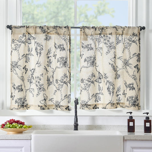 Black Floral Farmhouse Kitchen Curtains 36 Inch Length
