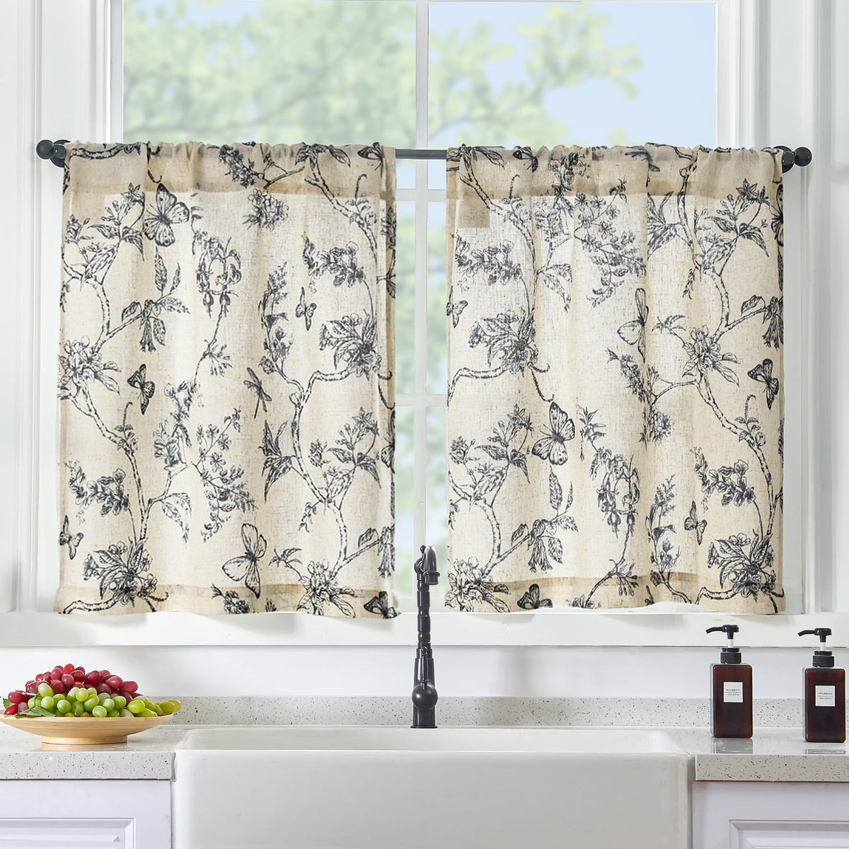 Black Floral Farmhouse Kitchen Curtains 36 Inch Length
