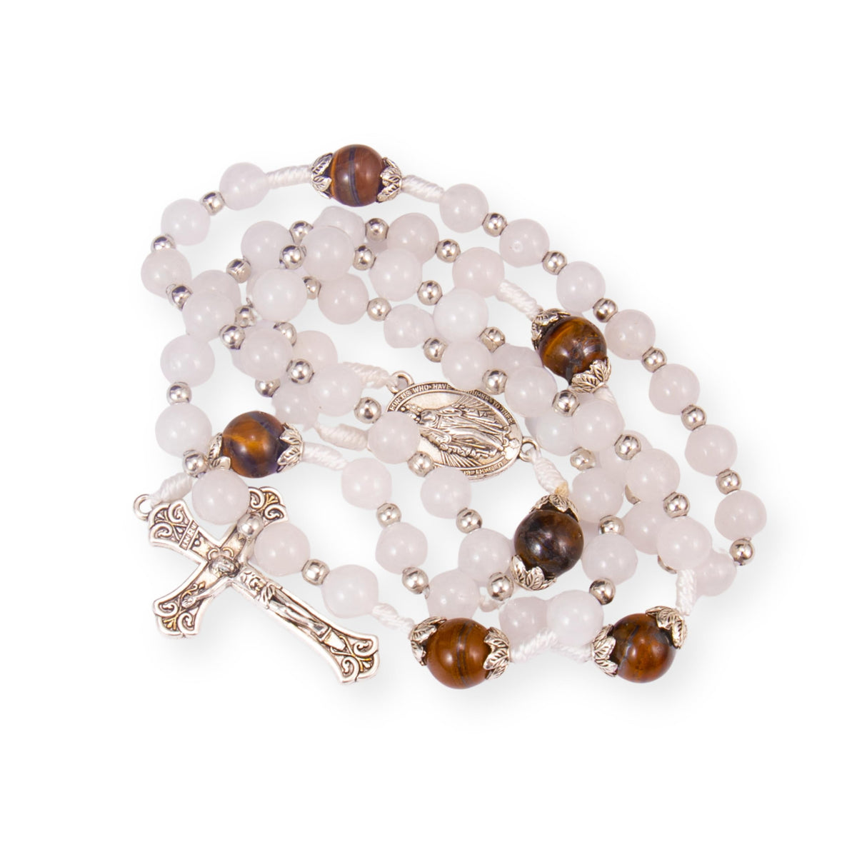 8mm White Jade & 10mm Tiger Eyes Stone Beads Rosary Necklace
