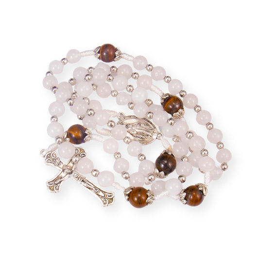 8mm White Jade & 10mm Tiger Eyes Stone Beads Rosary Necklace