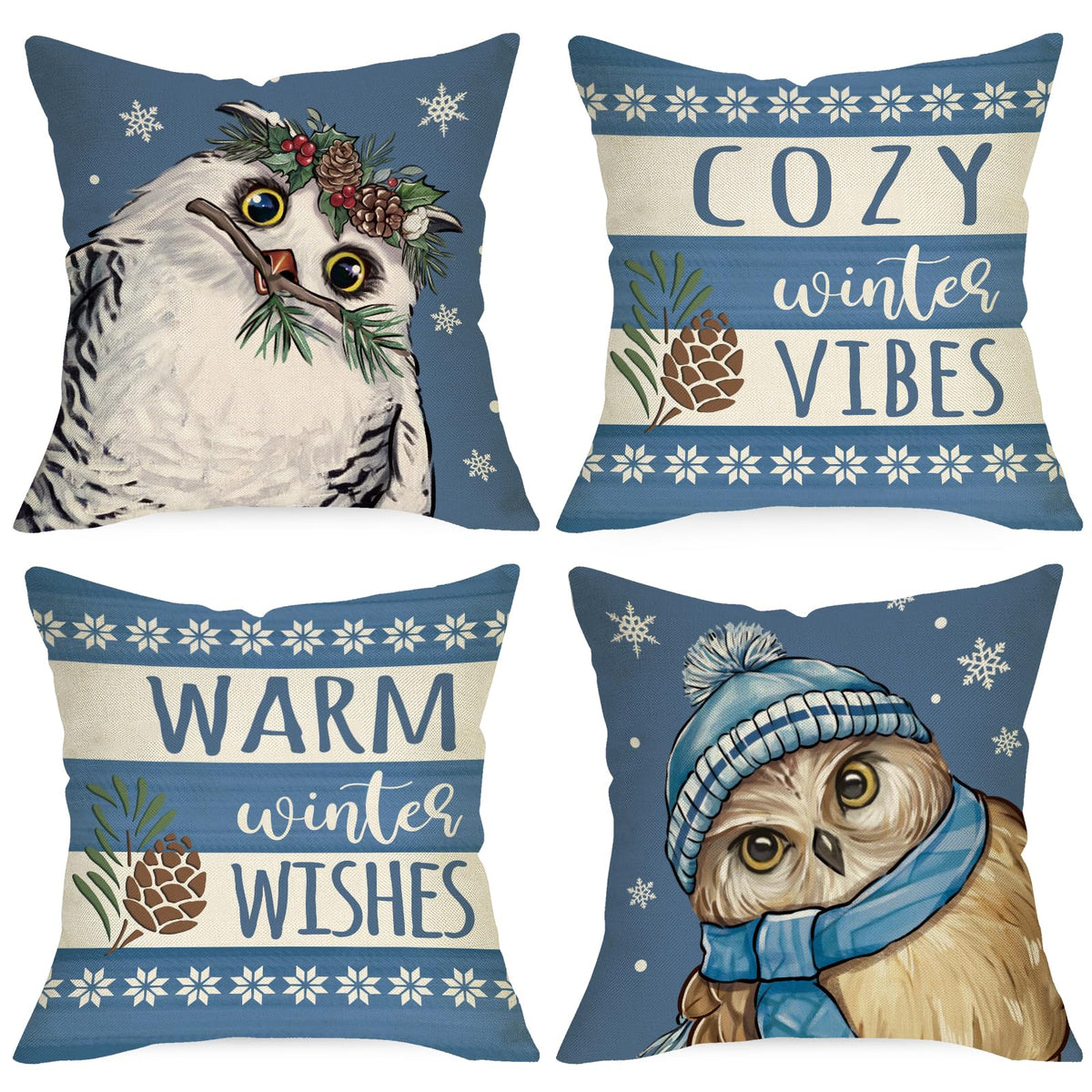 Snowy Owl Decor Throw Pillow Covers 16 x 16 - Set of 4 Blue Cozy Winter Vibes