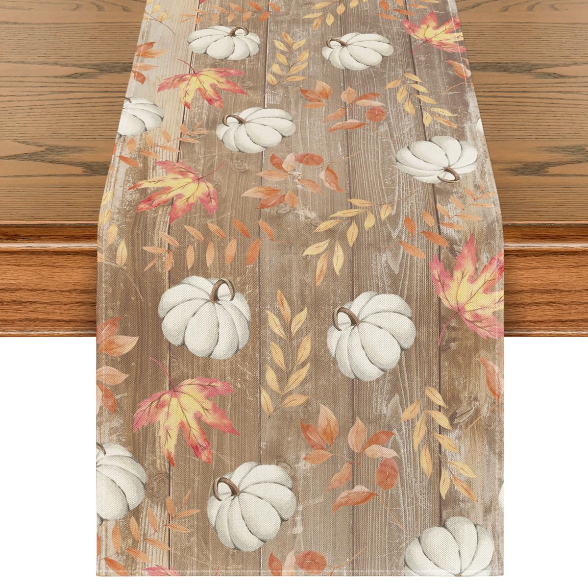 Autumn Pumpkins Maple Leaves Table Runner - 13x120 Inch