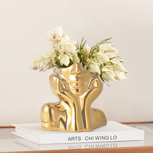 Gold Ceramic Human Face Vase Decor