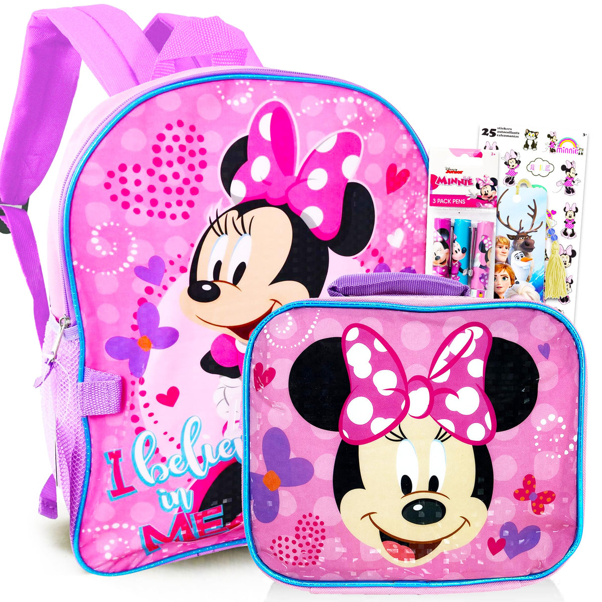 Disney Minnie Mouse Backpack with Lunch Box for Girls 5 Pc Bundle ~ Deluxe 16" Minnie Bag Insulated Lunch Bag Stickers and More (Minnie Mouse School Supplies)