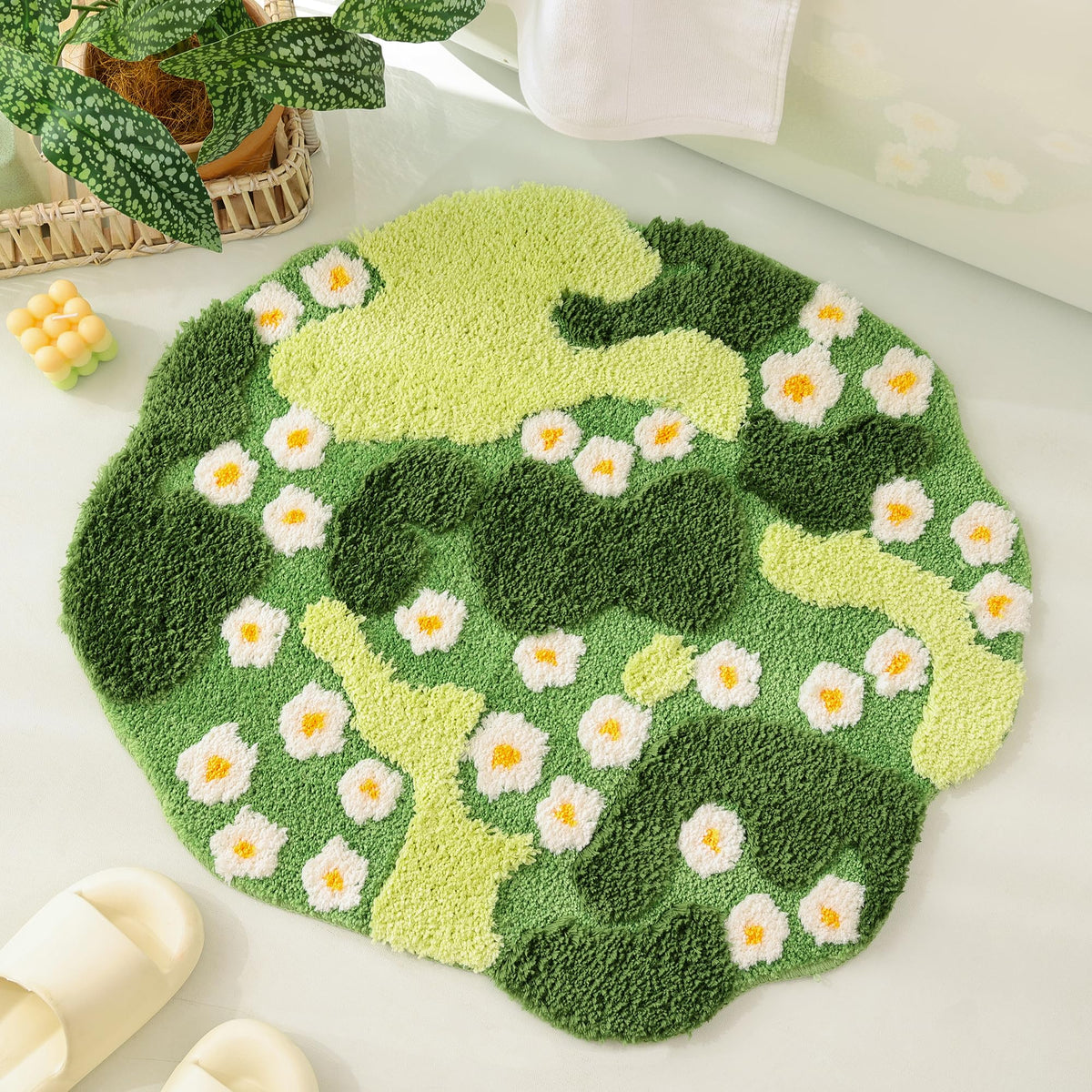 Moss Bath Mat Green Bathroom Rug with Small White Flowers Non Slip Door Mat