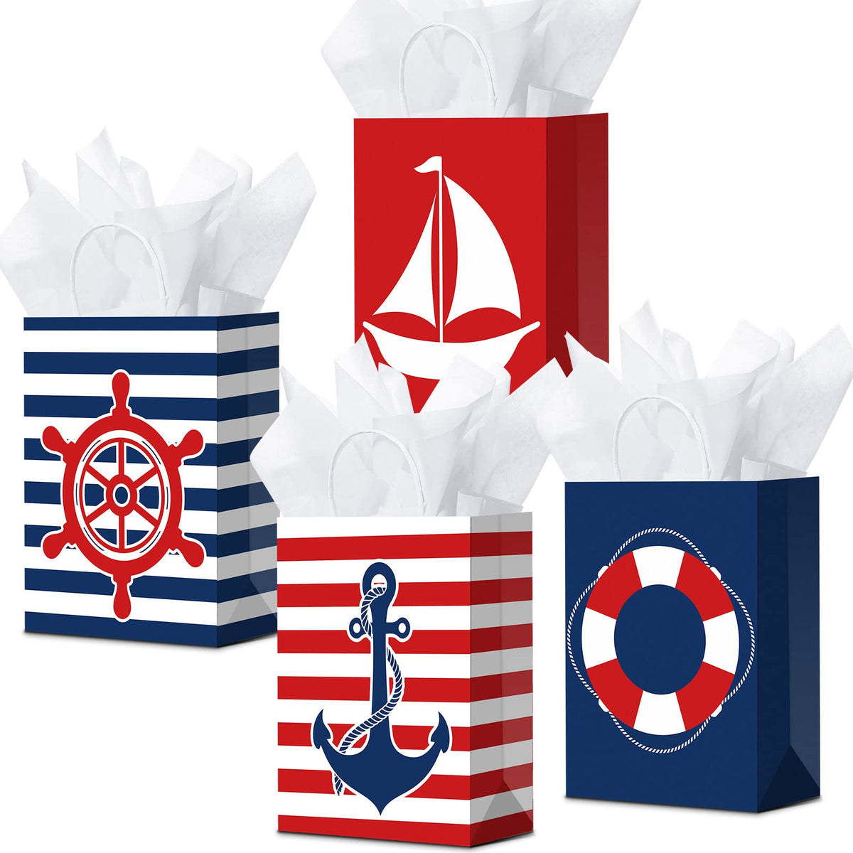 16 Pack Nautical Party Paper Bags and Tissue Paper