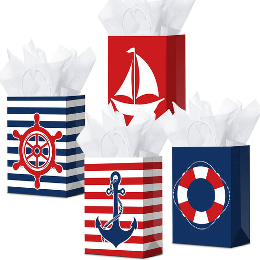16 Pack Nautical Party Paper Bags and Tissue Paper