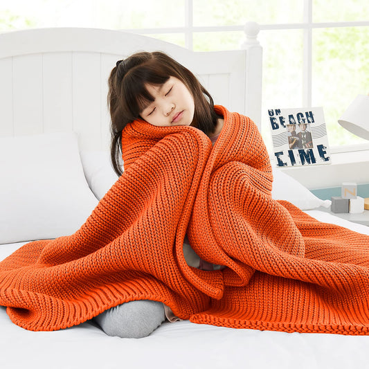 Weighted (Orange 50"x60" 7lbs) Hand made Cooling Knitted Blanket for Hot Sleepers