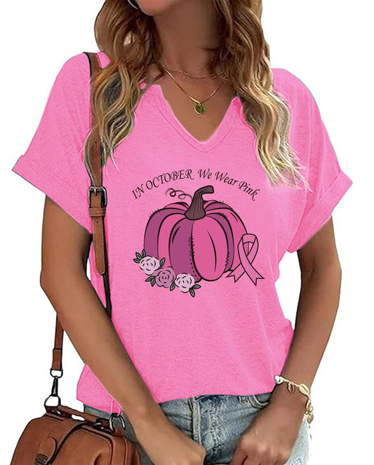 Size LARGE - Pink Breast Cancer Awareness T-Shirt Fall V-Neck Top